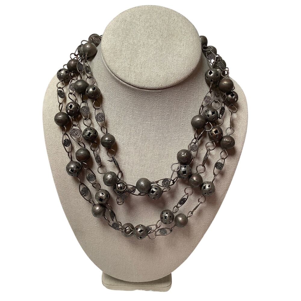 Vintage Multi Strand Silver Tone Beaded Mexican Wedding Lasso Necklace A7-66